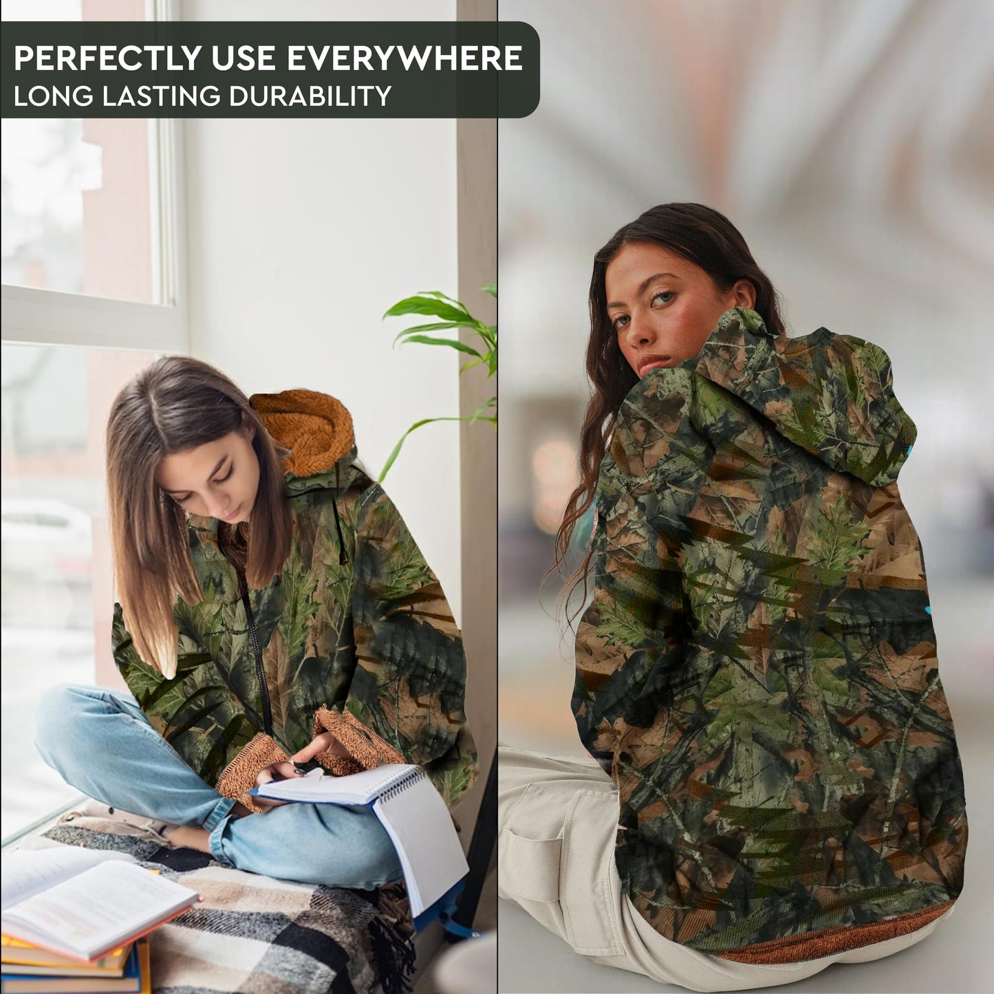 TrailCrest Camo Ladies Smart Plush Sherpa Lined Hooded Sweater Jacket, Zip Up Classic Camo Jacket for Women - Camouflage, L