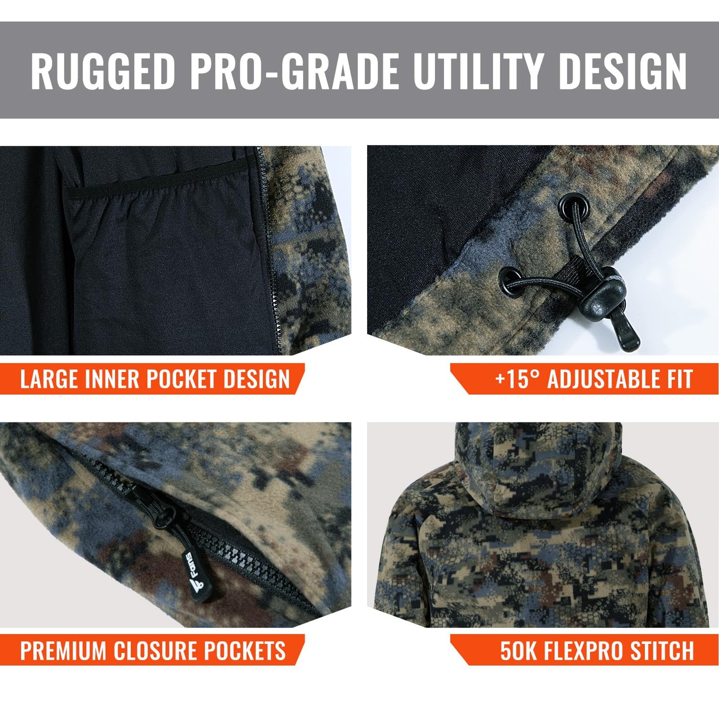 8 Fans Men’s Hunting Camo Jacket – Waterproof Lightweight 100% Polyester Fleece Hunting Gear with Breathable Design, Detachable Hood & Multi-Pockets for Outdoor, Hiking & Everyday Wear