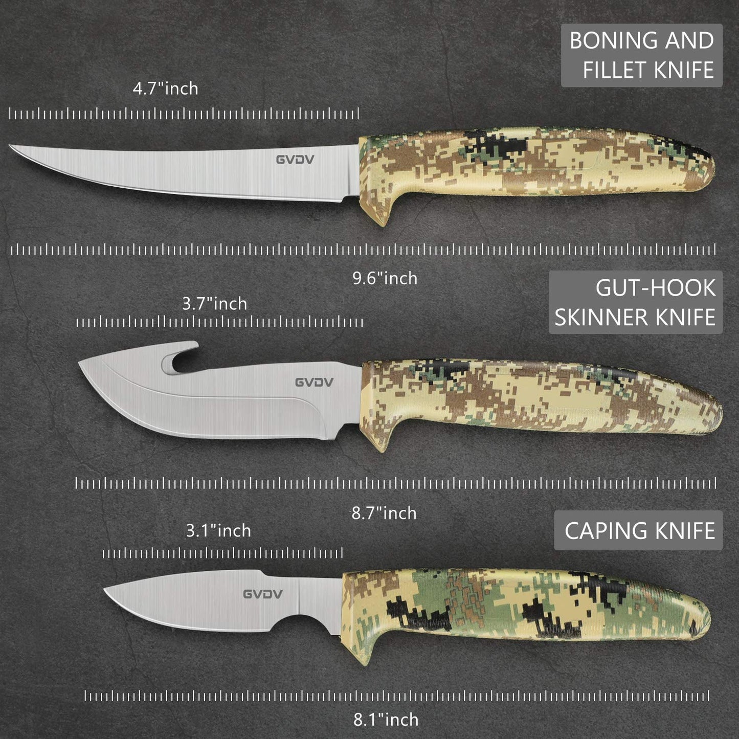 GVDV Hunting Knife Set - Deer Field Dressing Kit, Game Processor Set With Gut Hook Skinner, Spreader, Gloves - 6 Piece Butcher Gear for Men