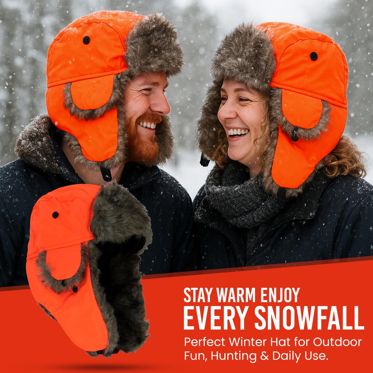 Iconikal Men's Trapper Winter Hat Hunter Blaze Orange Faux Fur Lined Ear Flap Quick Release Buckle Warm Hunting Cap One Size Fits Most Adults