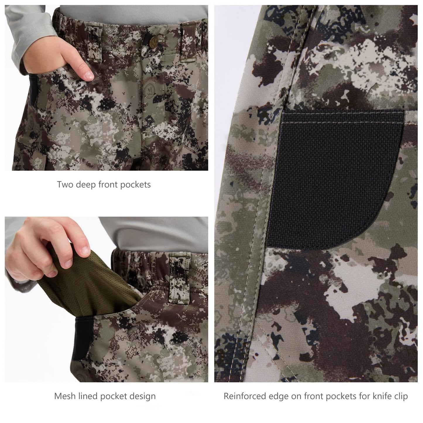 BASSDASH Invis Kid’s Youth Stretch Hunting Pants Water Resistant Breathable Camo Cargo Fishing Pant
