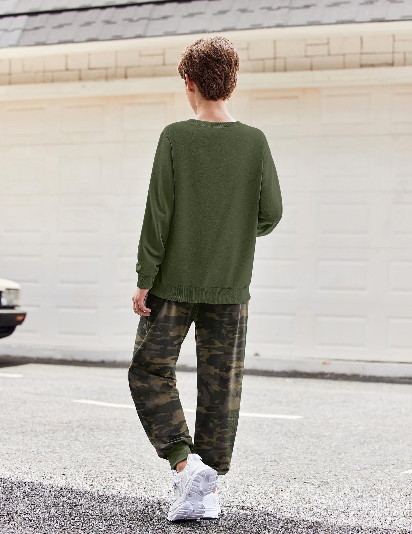 Arshiner Boys 2-Piece Camo Outfit - Army Green Sweatshirt & Camouflage Sweatpants Set Fall Clothes for Kids 7-8 Years