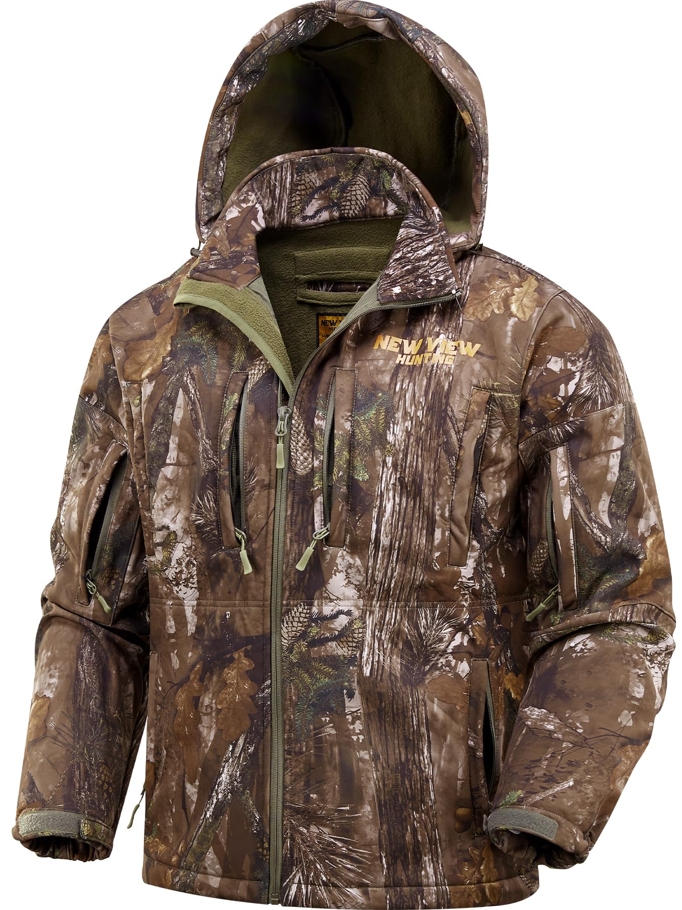 NEW VIEW Camo Hunting Jackets for Men, Warm Fleece Lined Hunting Jacket with Hood, Quiet Water Resistant Hunting Clothes, Nv Camo Tree, Large