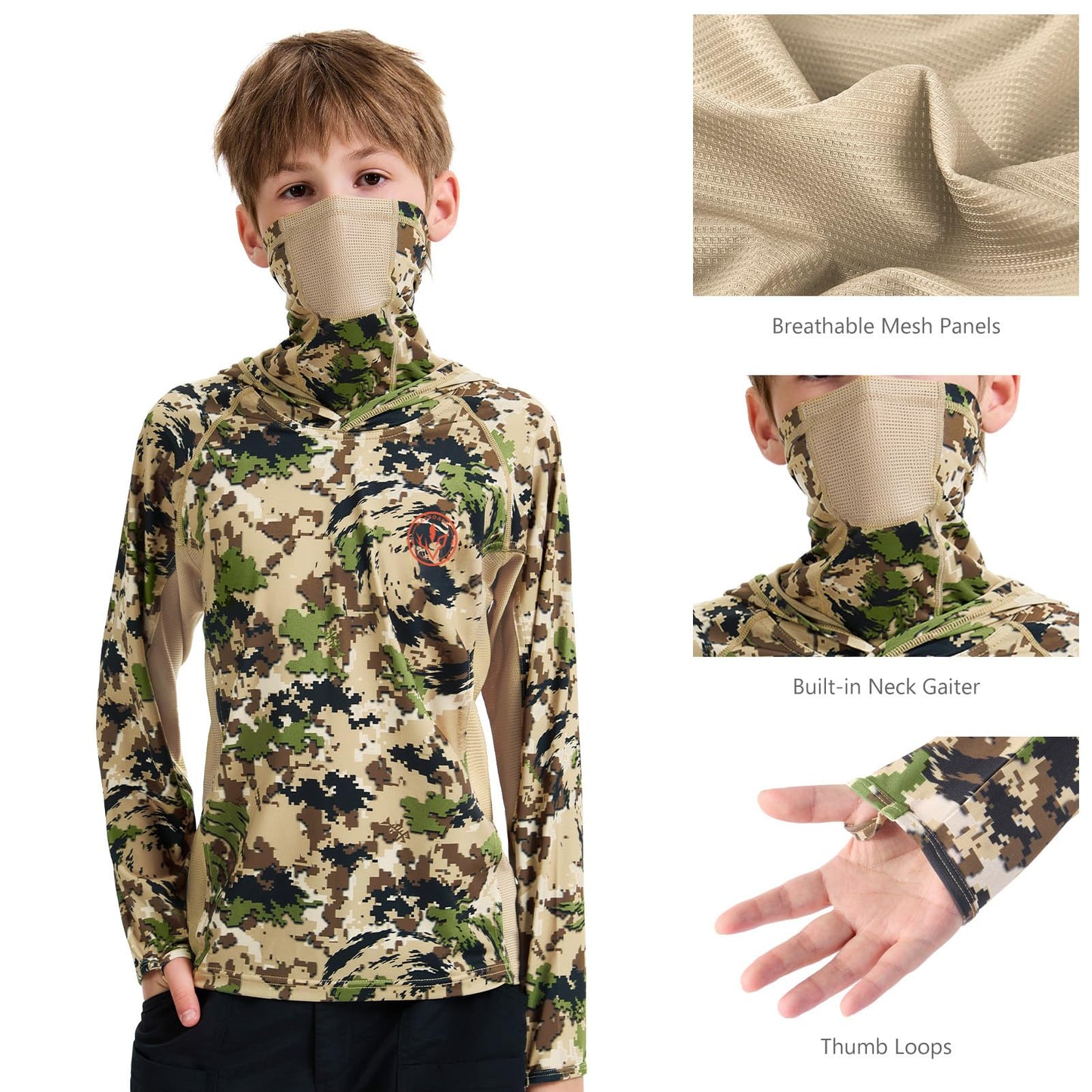 BASSDASH Youth UPF 50+ Camo Hunting Hoodie Shirt with Neck Gaiter Quick Dry Long Sleeve Hooded Tee for Fishing Hiking FS02Y