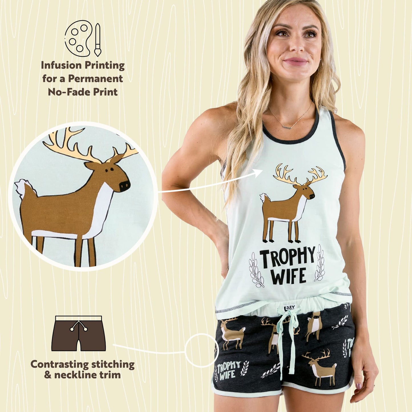 Lazy One Matching Pajamas for Women, Cute Pajama Shorts and Tank Top Set, Animal, Hunting, Deer (Trophy Wife, X-Large)
