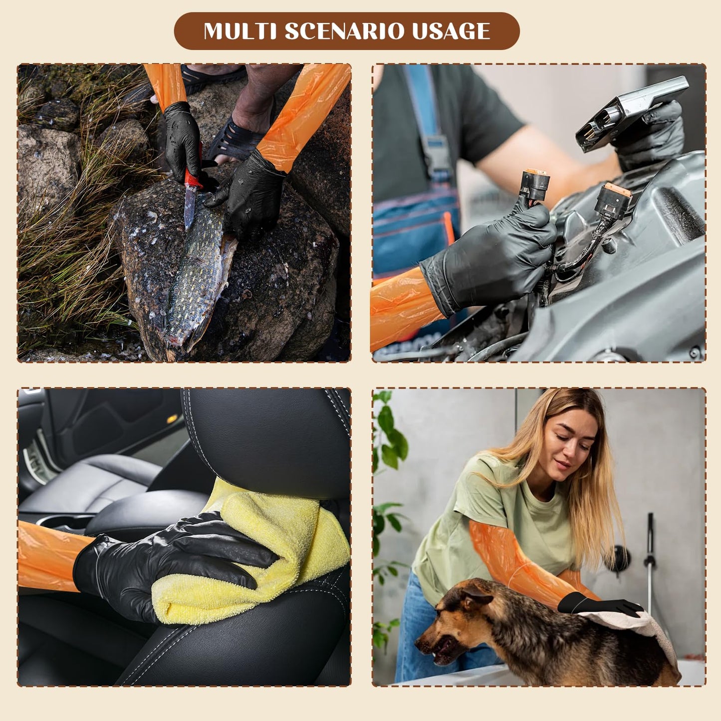 Field Dressing Gloves Kit, 10 Sets Disposable Hunting Deer Gutting Cleaning Gloves, Shoulder-Length Disposable Glove & Nitrile Glove Combo & Rubber Bands for Deer Gutting Hunting Cleaning Accessories