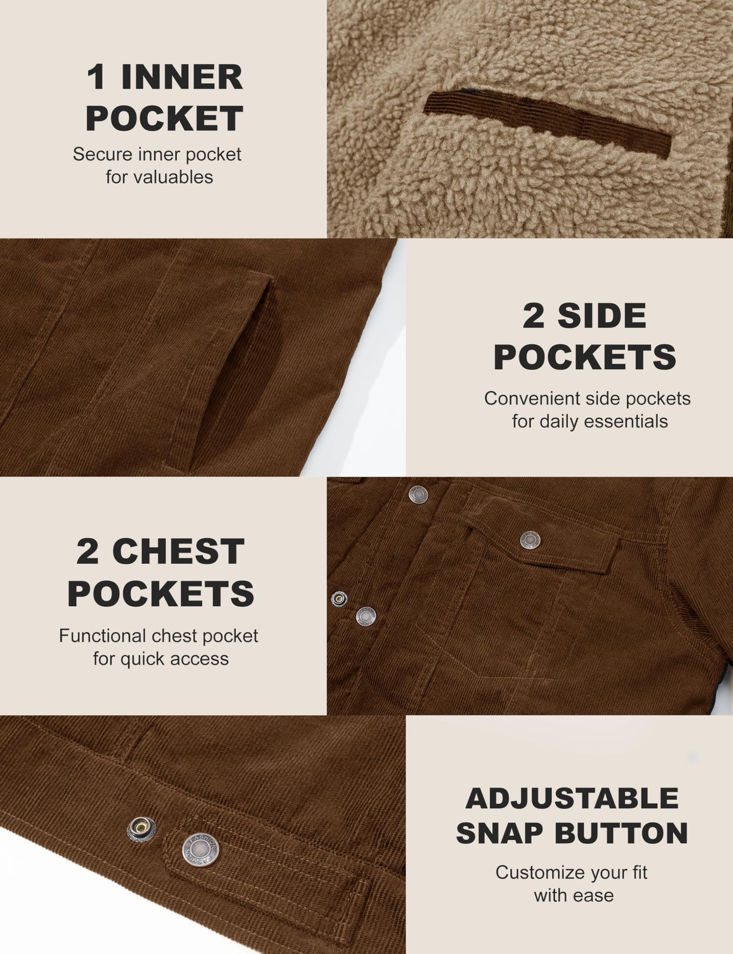 MAGCOMSEN Winter Jackets for Men Corduroy Jacket Men Sherpa Lined Fleece Warm Cargo Casual Coat with 5 Pockets