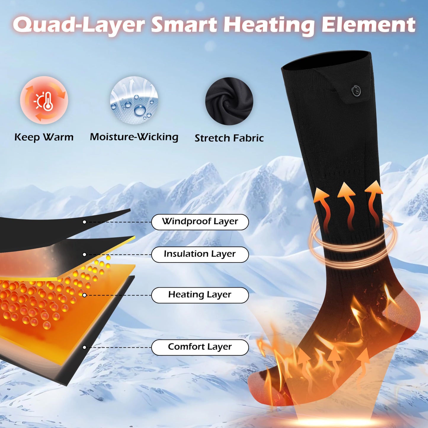 AiQiKang Heated Socks for Men Women Rechargeable Battery Powered Electric Thermal Heating Socks with 4 Heat Settings Foot Warmers for Cold Weather Hunting Hiking Outdoor Winter Work Sports