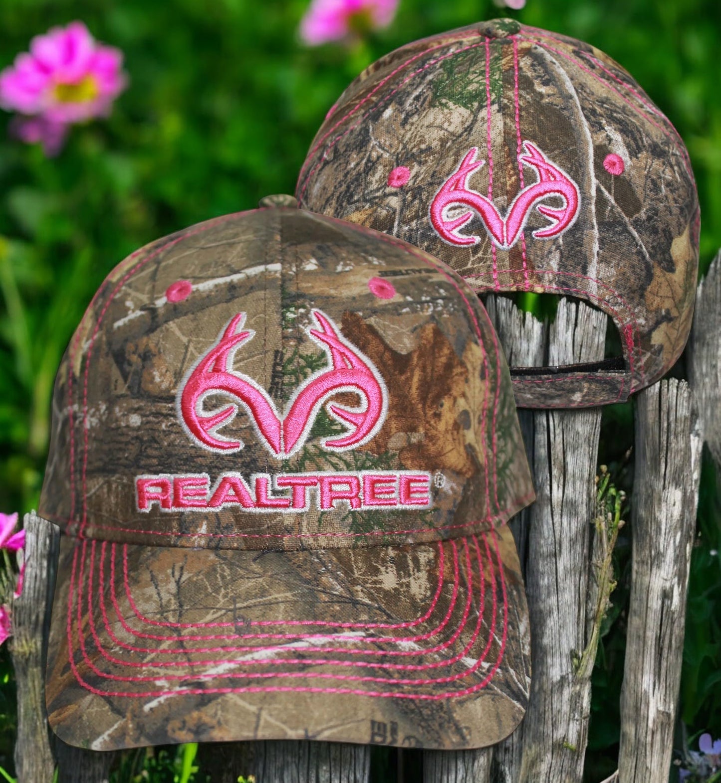 Realtree 3D Pink Antler Logo Hunting Camo Cap Hat Visor, RT Edge, Ladies Fit, Mid Profile Structured, Wicking Sweatband, Vel-cro Back