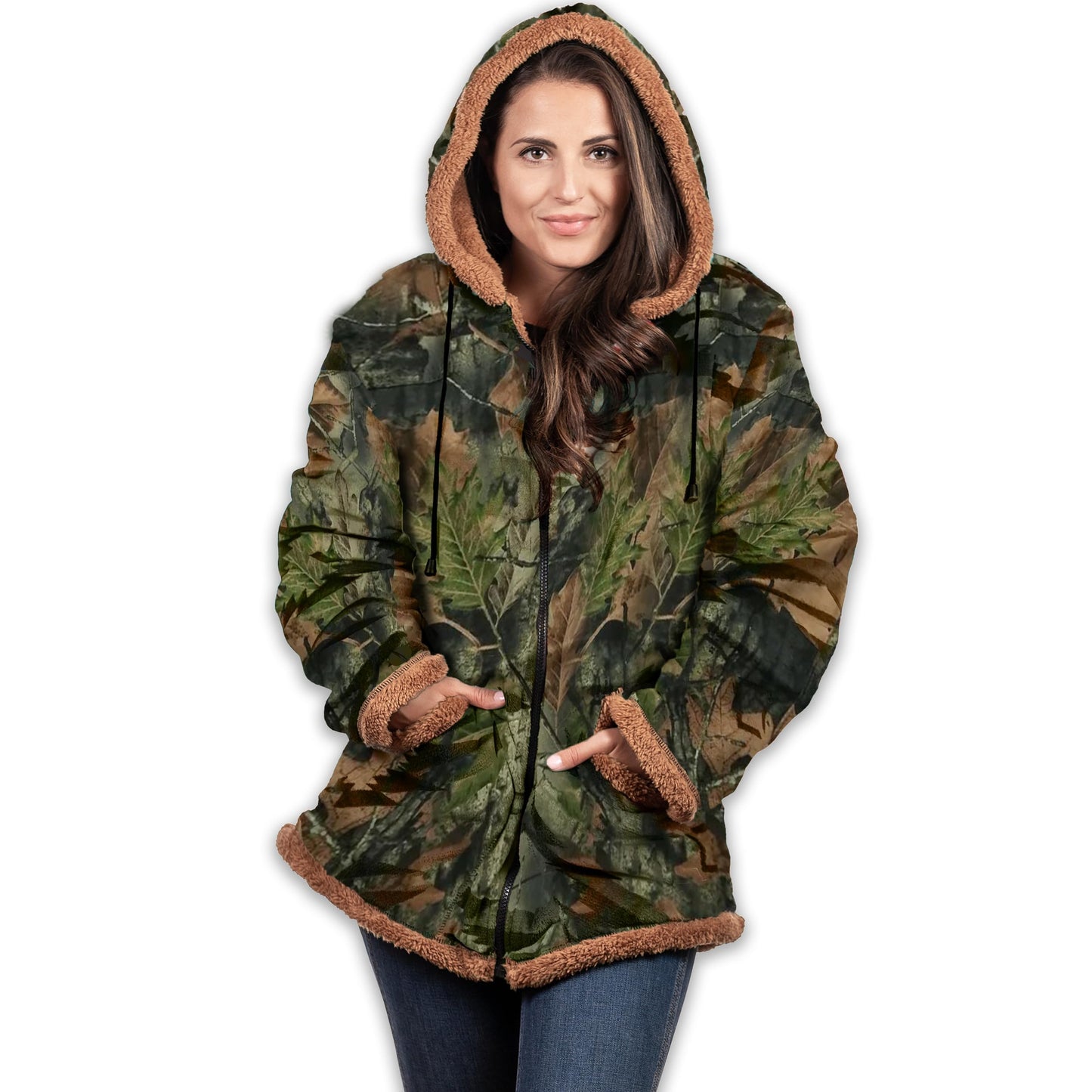 TrailCrest Camo Ladies Smart Plush Sherpa Lined Hooded Sweater Jacket, Zip Up Classic Camo Jacket for Women - Camouflage, L