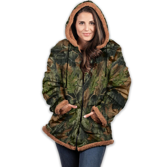 TrailCrest Camo Ladies Smart Plush Sherpa Lined Hooded Sweater Jacket, Zip Up Classic Camo Jacket for Women - Camouflage, L