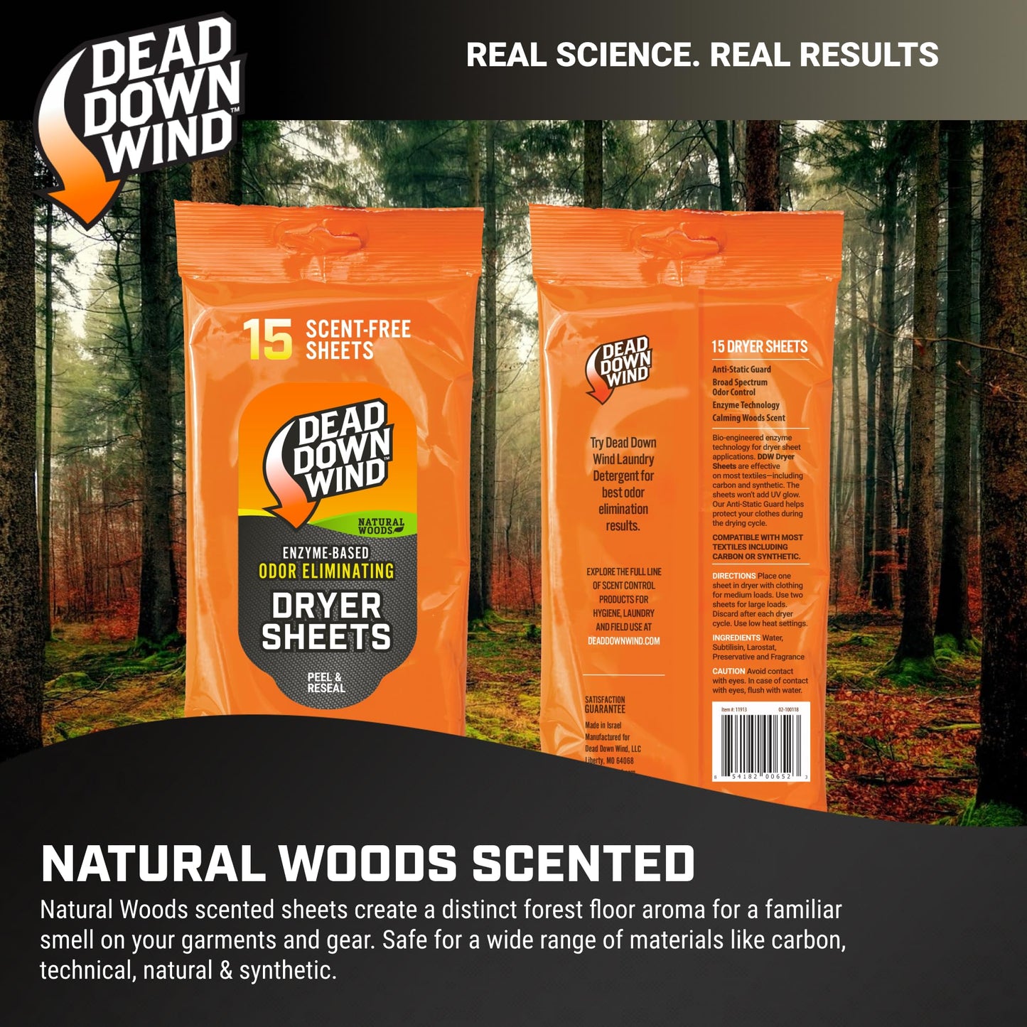 DEAD DOWN WIND Natural Woods Scented Odor Eliminating Dryer Sheets (15Ct) - Hunting Scent Control - Durable Hunting Scent Eliminators - Advanced Hunting Laundry Gear