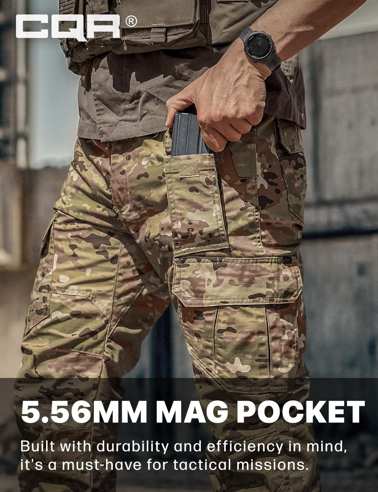 CQR Men's Tactical Pants, Water Resistant Ripstop Cargo Pants, Lightweight EDC Work Hiking Pants, Outdoor Apparel, Duratex Mag Pocket Utility Camo, 32W x 34L