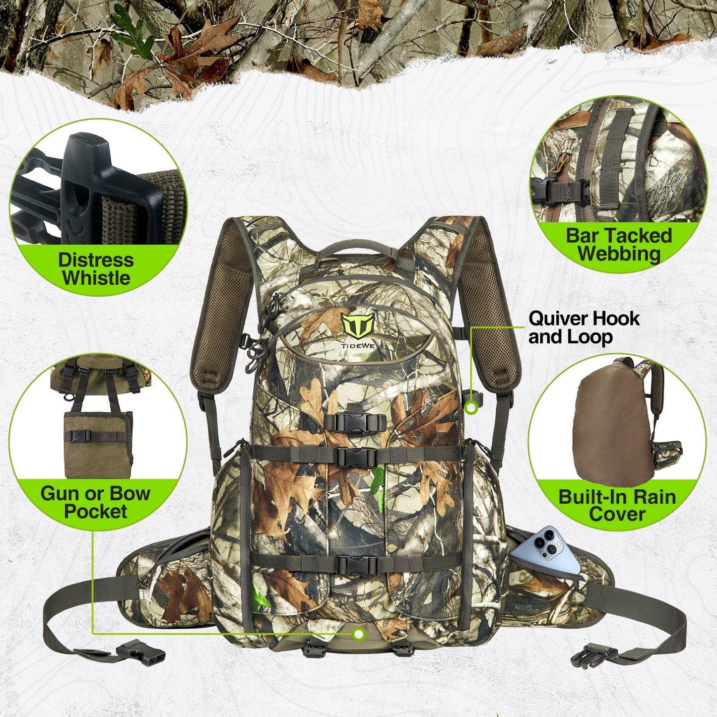 TIDEWE Hunting Backpack, Waterproof Camo Hunting Pack with Rain Cover, Long-Lasting Large Capacity Hunting Day Pack for Rifle Bow Gun (Next Camo G2)