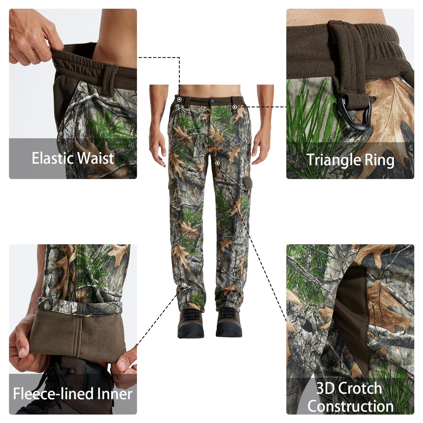 LOOGU Men's Fleece Lined Insulation Camo Hunting Pants Windproof Water-Resistant Softshell Hunting Pants for Men with 6 Pockets