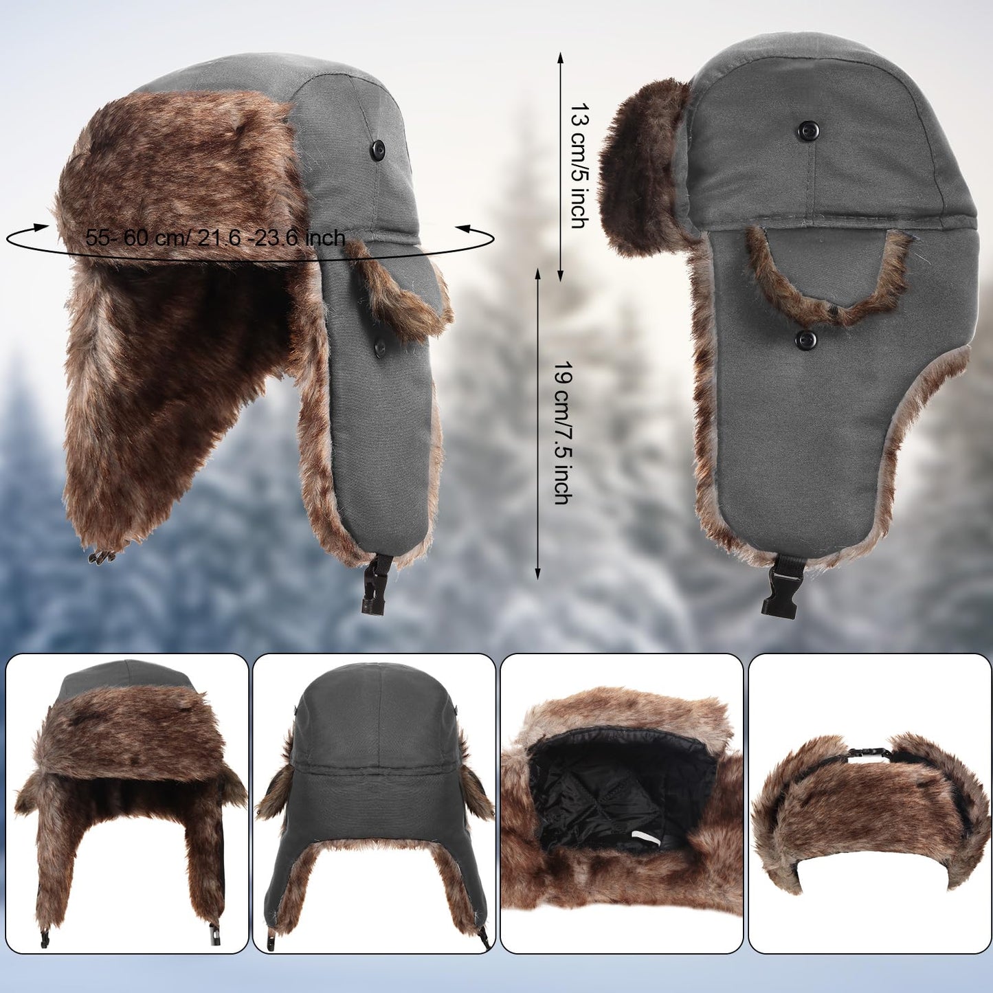 SATINIOR 1 Piece Unisex Trapper Hat with Chin Strap Faux Fur Earflaps Hat Winter Hunting Hats Warm Hat for Women Men (Grey)