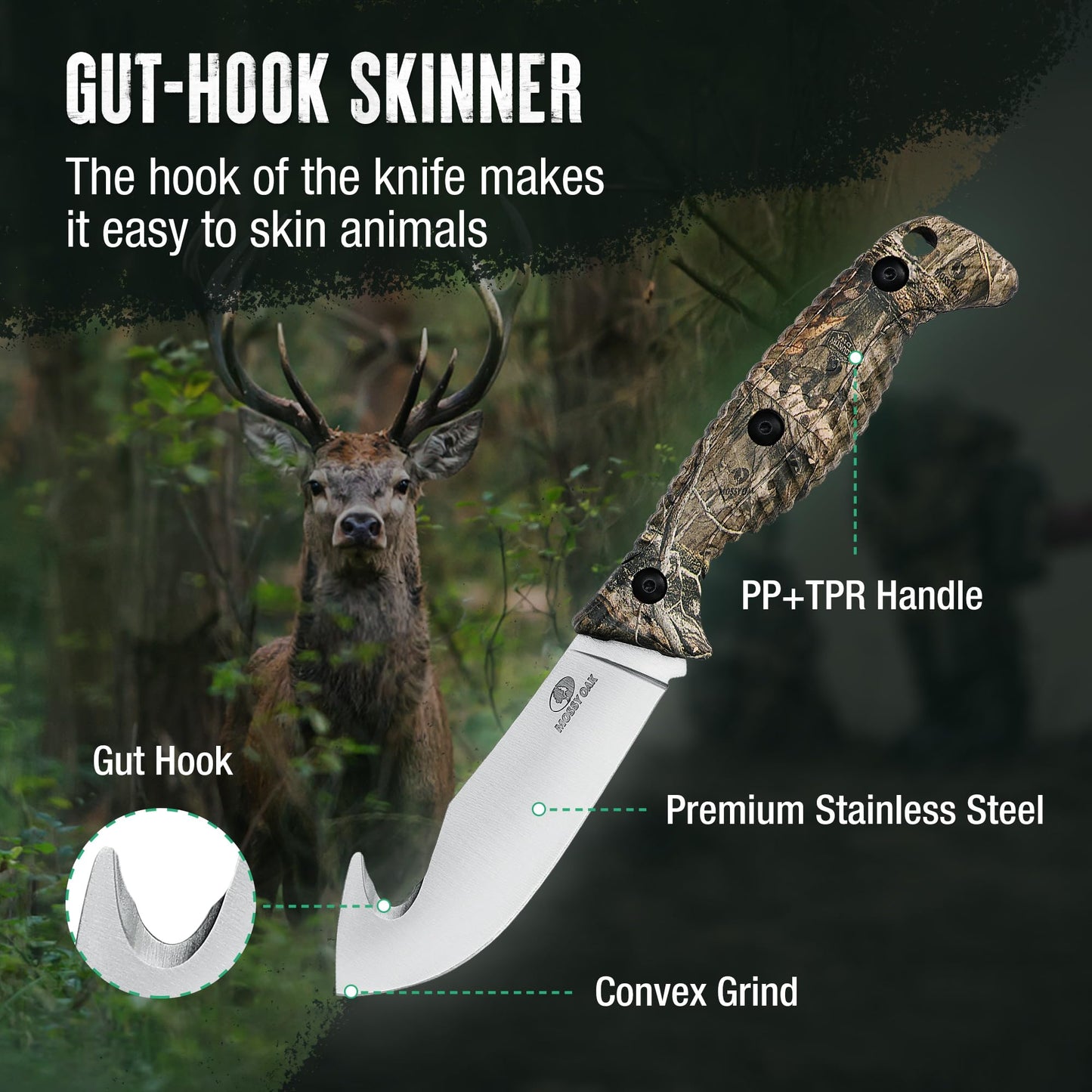 Mossy Oak Field Dressing Kit, 4 Pcs Camouflage Hunting Knife Set with Sheath, Gut-Hook Skinner, Caping Knife, Wood/Bone Saw, Knife Sharpener, for Deer Hunting, Camping, Perfect Hunting Gifts for Men