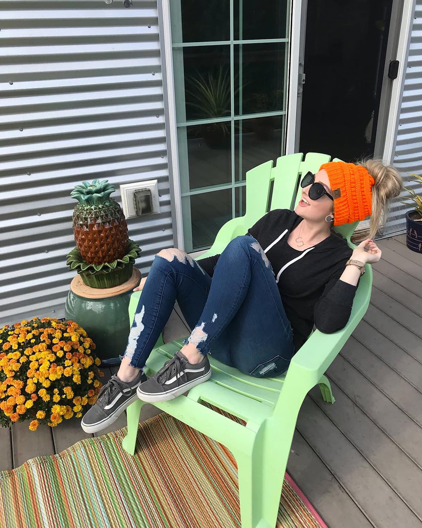 Funky Junque Ponytail Beanie for Women – Ponyback Winter Hat with Soft Stretch Cable Knit, High Pony Messy Bun Hats for Running and Cold Weather Activities - Neon Orange