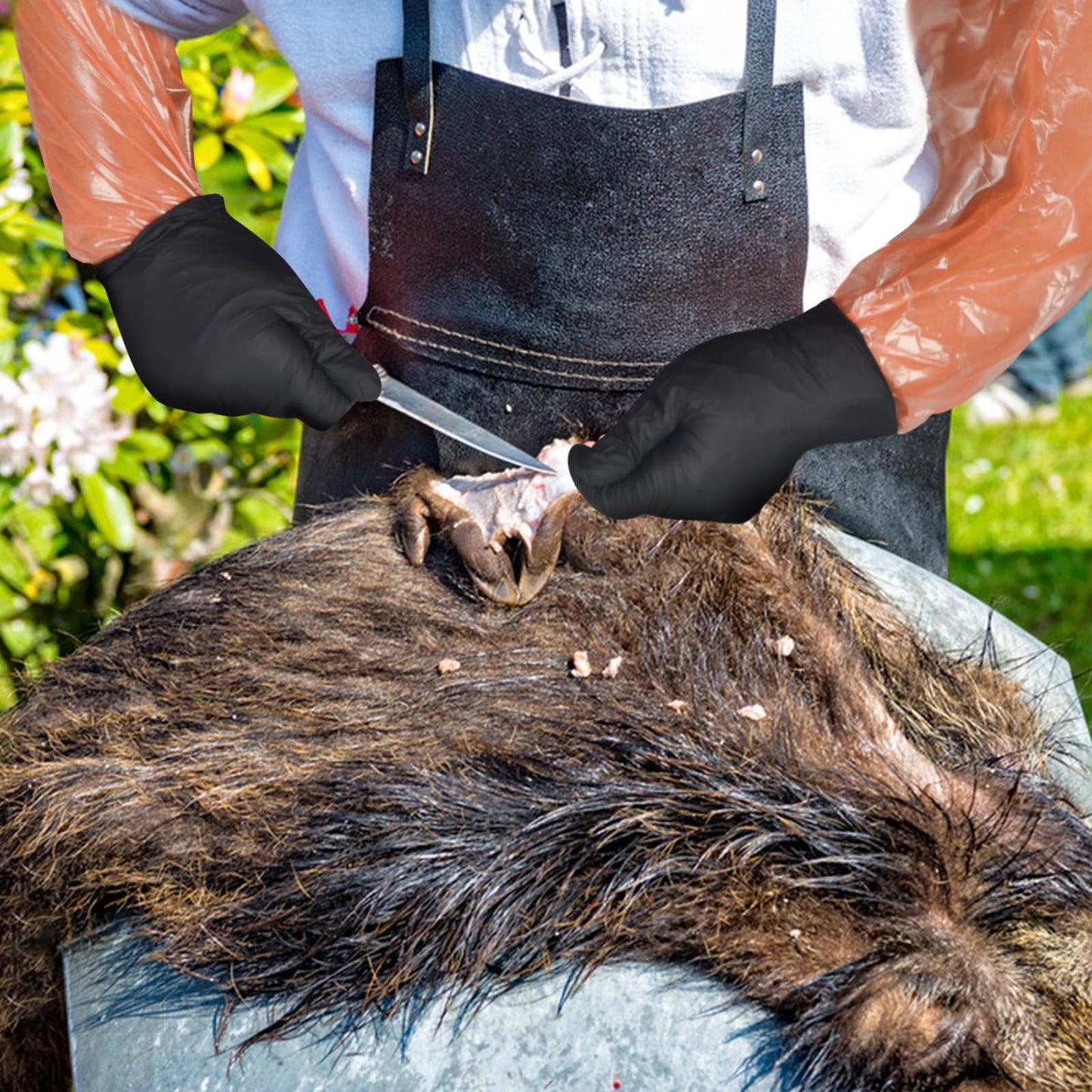 Field Dressing Gloves Kit, 10 Sets Disposable Hunting Deer Gutting Cleaning Gloves, Shoulder-Length Disposable Glove & Nitrile Glove Combo & Rubber Bands for Deer Gutting Hunting Cleaning Accessories