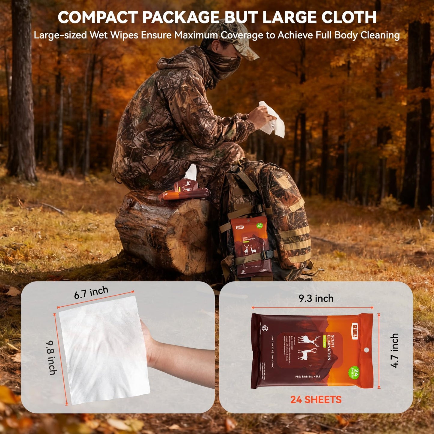 GearOZ Scent Elimination Field Wet Wipe for Hunting, Unscented Moist Field Wipe for Reducing Human Odor/Field Dressing Cleaning, Alcohol-Free (24 Sheet)