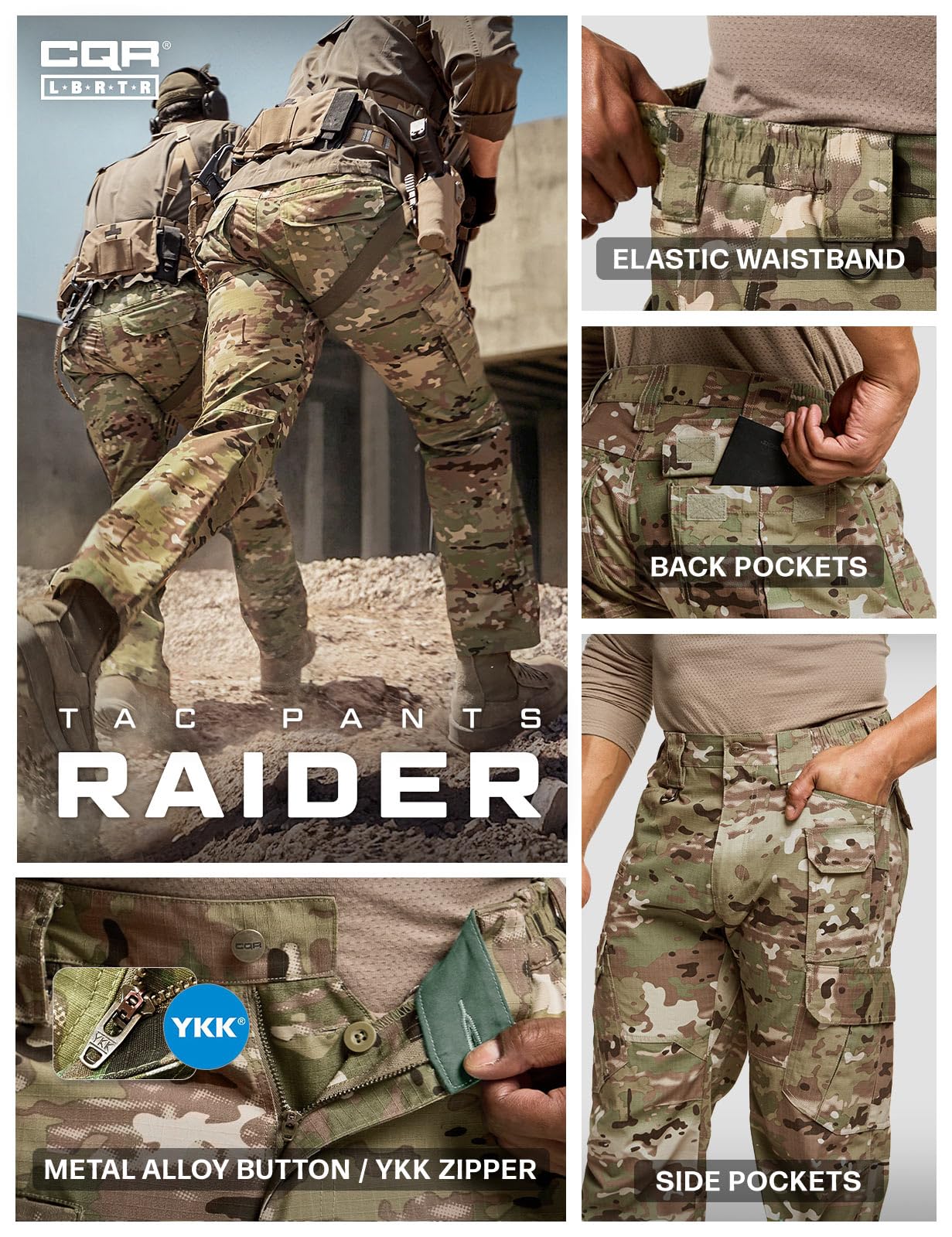 CQR Men's Tactical Pants, Water Resistant Ripstop Cargo Pants, Lightweight EDC Work Hiking Pants, Outdoor Apparel, Duratex Mag Pocket Utility Camo, 32W x 34L