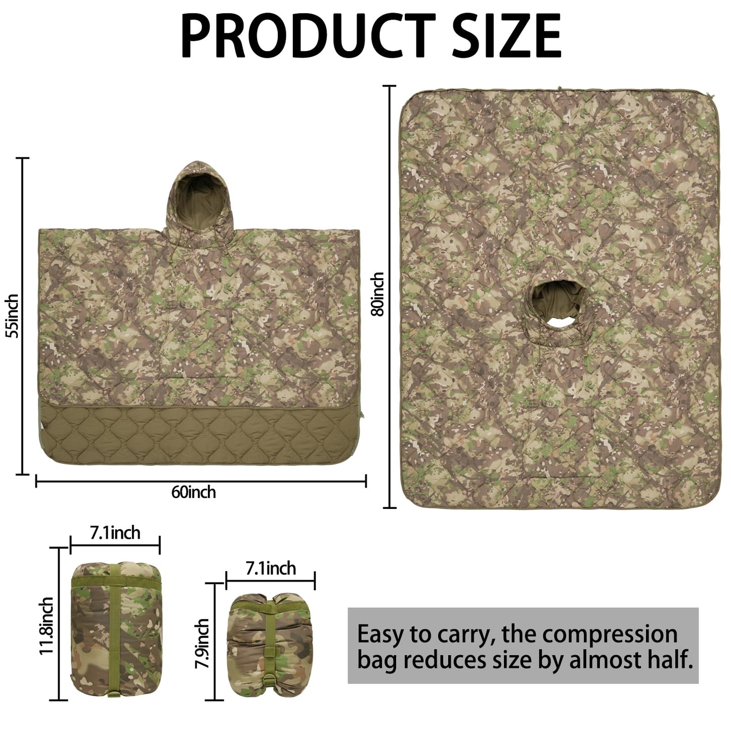 Tongcamo Poncho Liner Hoodie with Pocket Insulated Military Sleeping Bag Water Resistant for Outdoor Camping Travel Survival Hunting Car Emergency