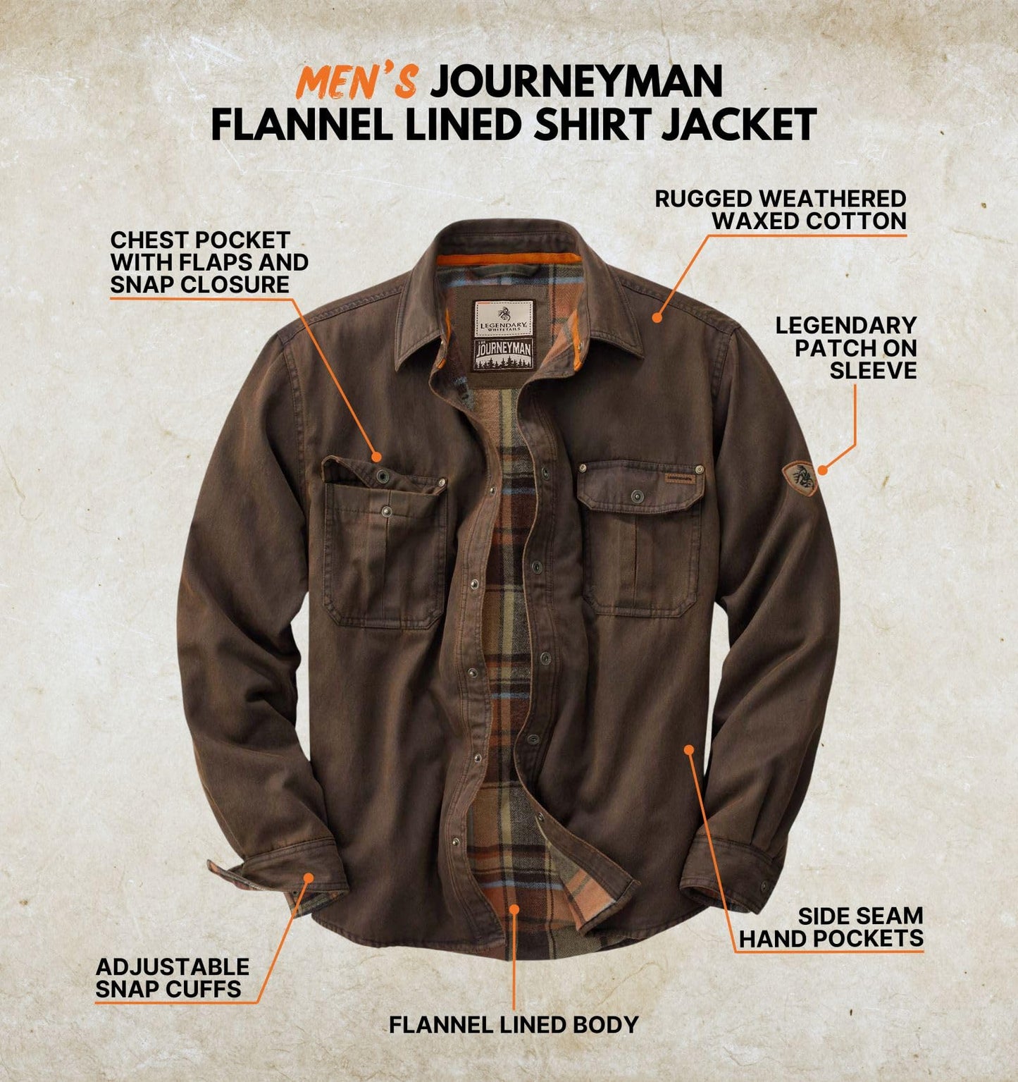 Legendary Whitetails Mens Flannel Lined Shirt Jacket Waxed Cotton Water Resistant, Tobacco, LRG