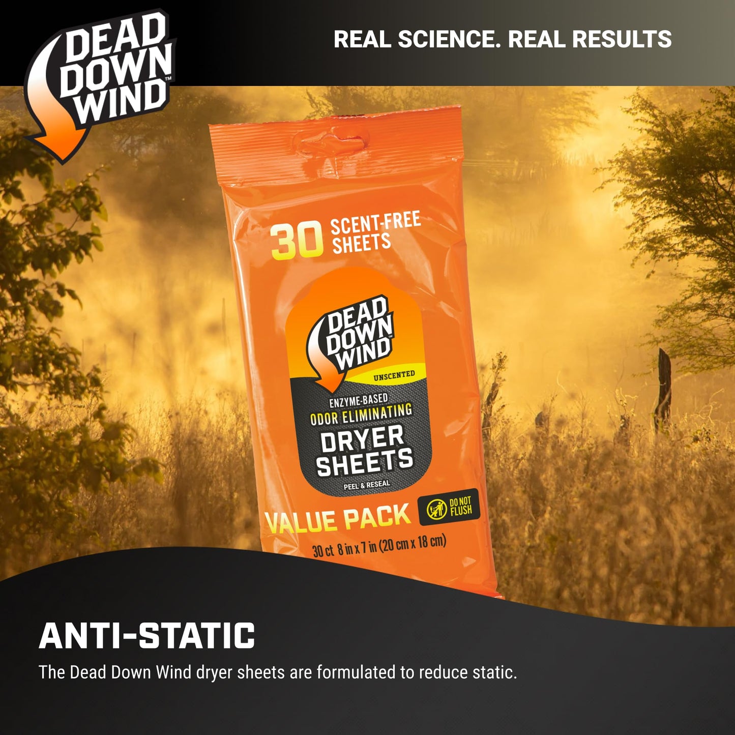 DEAD DOWN WIND Scent Killing Dryer Sheets (30Ct) – Odor Removing Sheet – Durable Hunting Scent Eliminators – Advanced Hunting Laundry Gear
