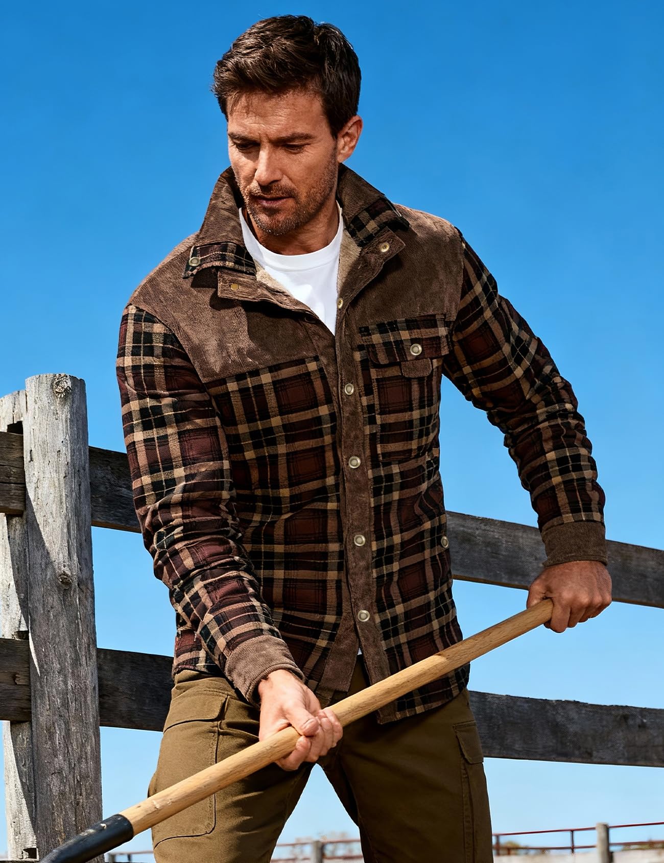 Flygo Men's Outdoor Casual Camp Fleece Sherpa Lined Flannel Plaid Shirt Jacket(Coffee-L)