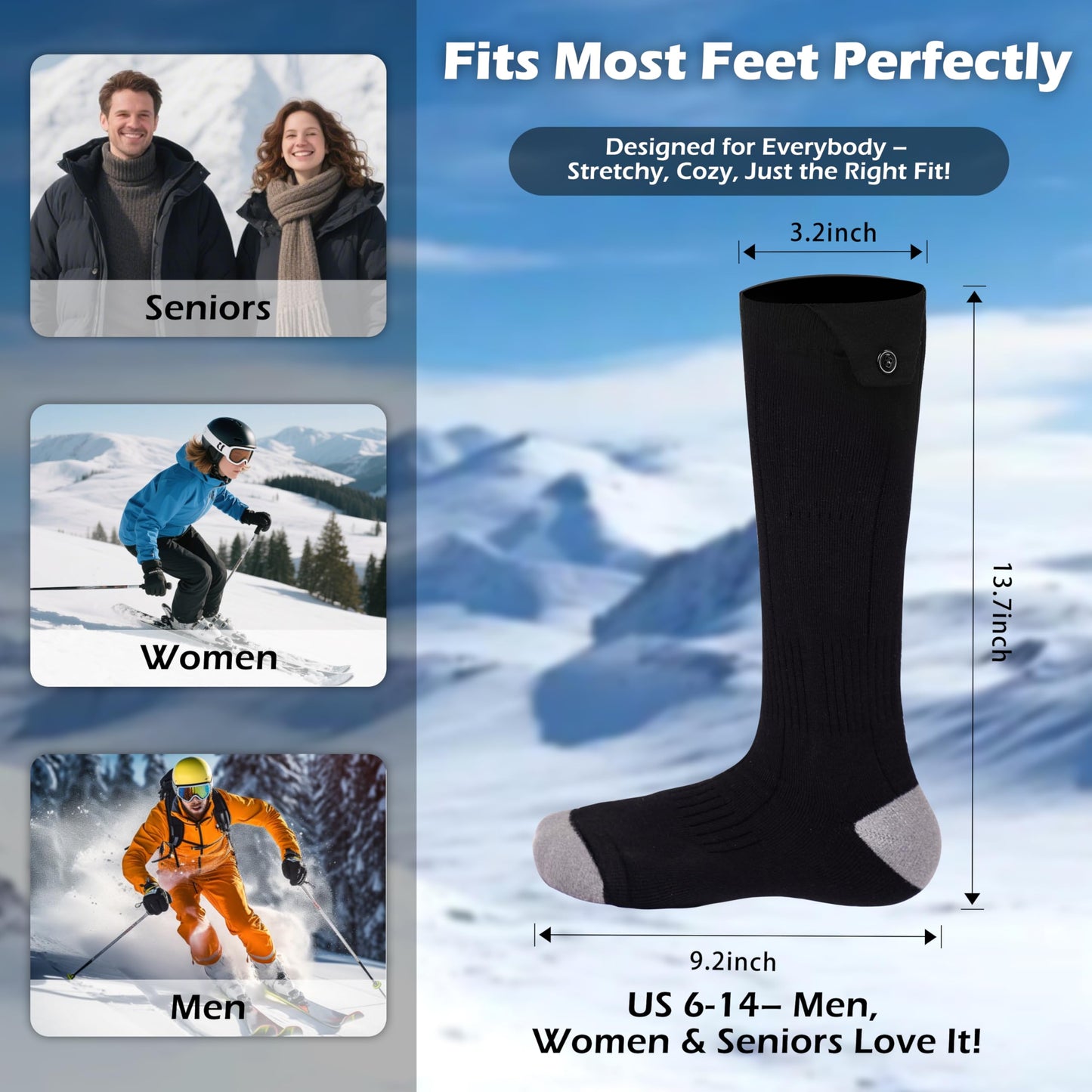 AiQiKang Heated Socks for Men Women Rechargeable Battery Powered Electric Thermal Heating Socks with 4 Heat Settings Foot Warmers for Cold Weather Hunting Hiking Outdoor Winter Work Sports