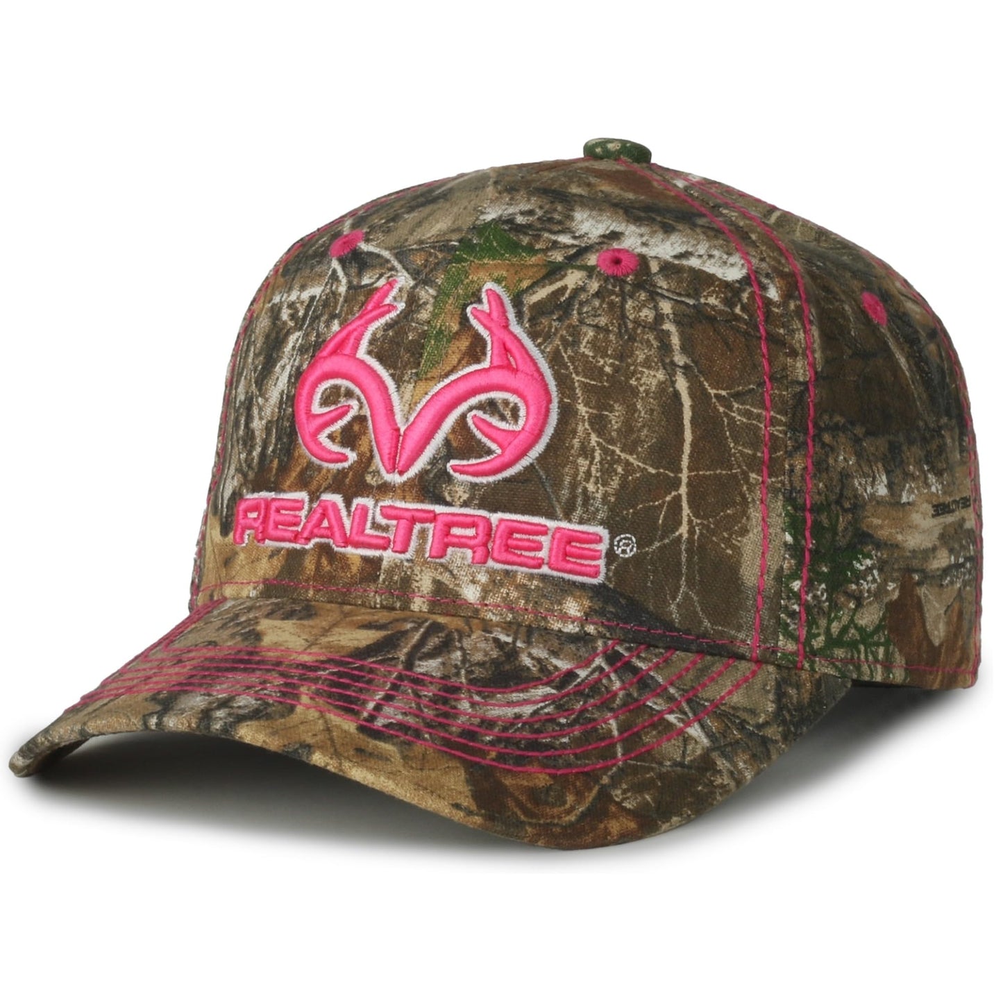Realtree 3D Pink Antler Logo Hunting Camo Cap Hat Visor, RT Edge, Ladies Fit, Mid Profile Structured, Wicking Sweatband, Vel-cro Back