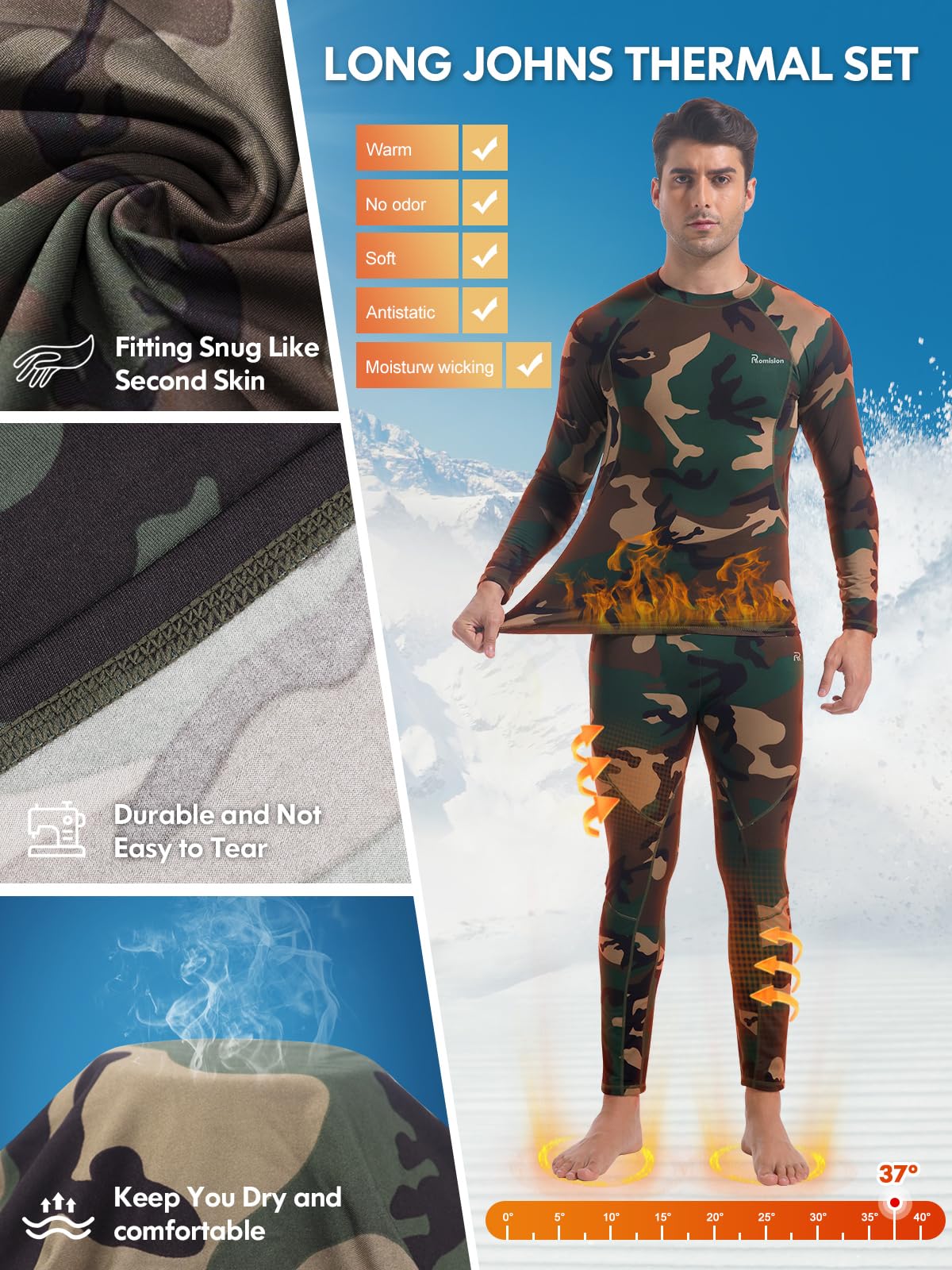 romision Thermal Underwear Long Johns for Men Fleece Lined Base Layer Cold Weather Hunting Gear Bottom and Top Set