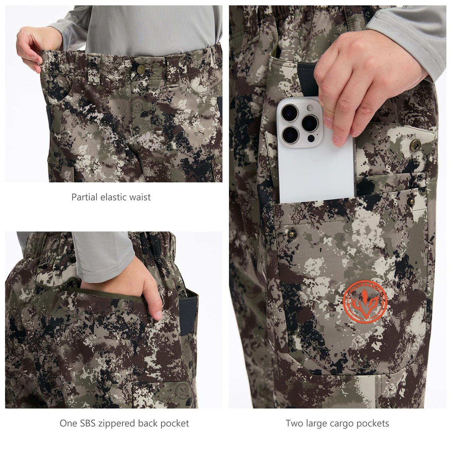 BASSDASH Invis Kid’s Youth Stretch Hunting Pants Water Resistant Breathable Camo Cargo Fishing Pant