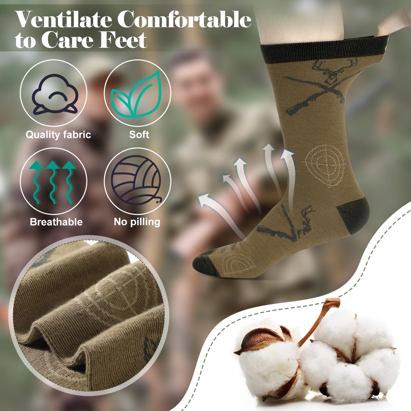 Eurzom 6 Pairs Funny Hunting Socks for Men Hunters Novelty Cotton Crew Socks Birthday Xmas Gift Accessories for Hunting Lover(Classic Color)