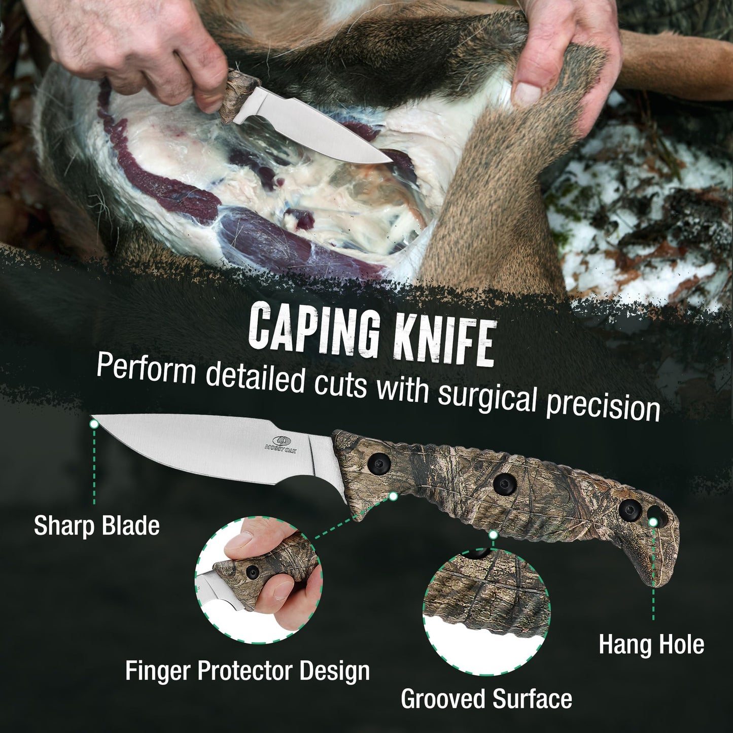 Mossy Oak Field Dressing Kit, 4 Pcs Camouflage Hunting Knife Set with Sheath, Gut-Hook Skinner, Caping Knife, Wood/Bone Saw, Knife Sharpener, for Deer Hunting, Camping, Perfect Hunting Gifts for Men