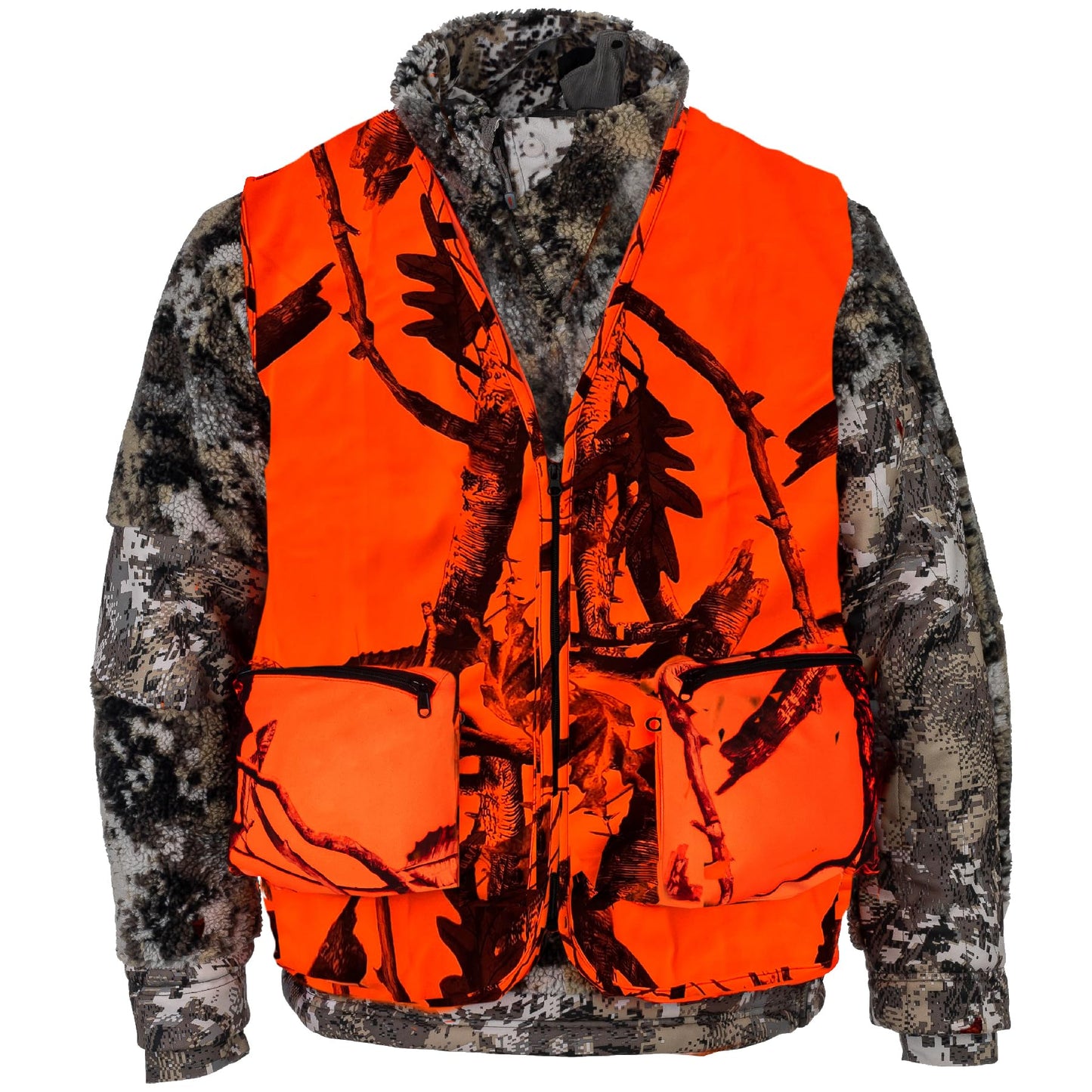 Klarny Outdoors Camo Orange Hunting Vest with Pockets - High Visibility, Waterproof, Ultra-Quiet Deer and Bow Gear Accessories, Size XL