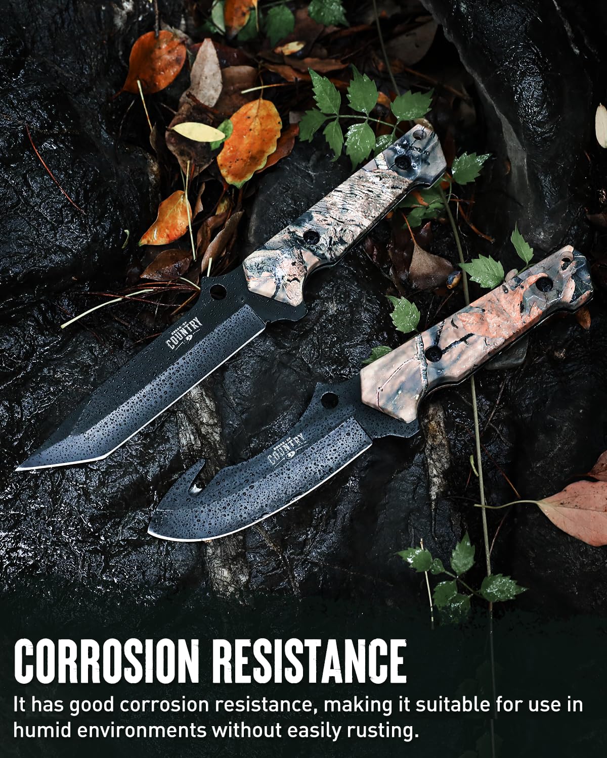 Mossy Oak Fixed Blade Hunting Knife Set - 2 Piece, Full Tang Handle Straight Edge and Gut Hook Blades Game Processing Knife, Sheath Included - Yellow Camo