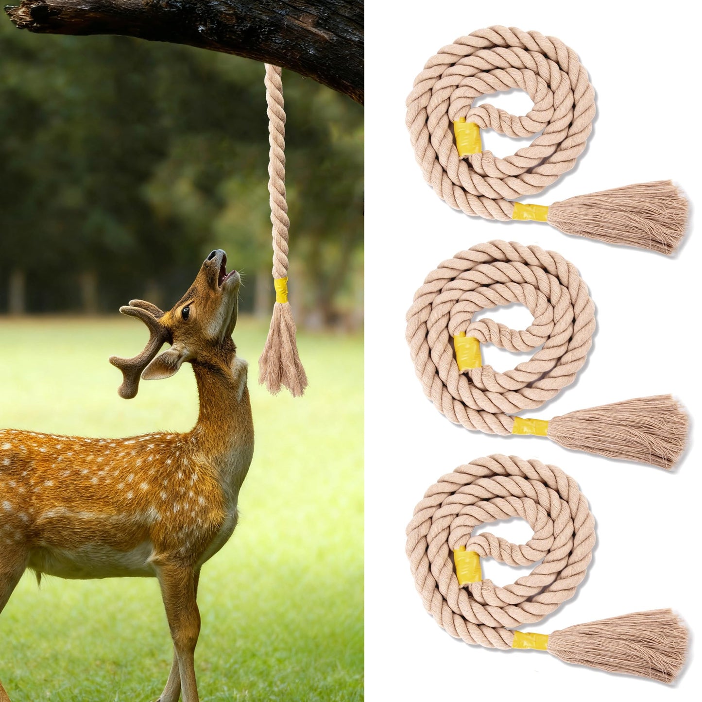 badashun 6.07 FT Extended Hemp Rope for Deer 3 Pcs HempScent Rope Mock Scrape, Hangs Tassels Rope Hemp Deer Accessories