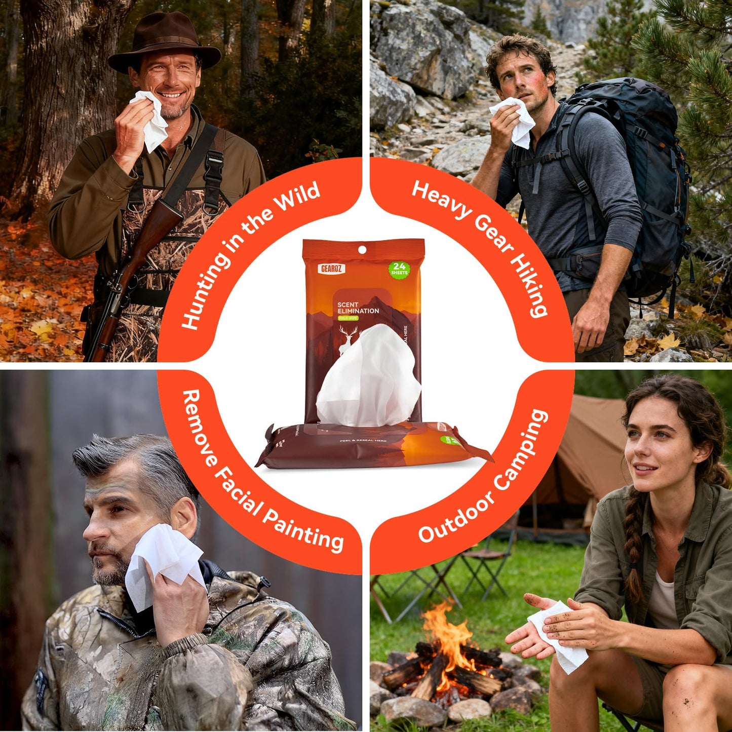 GearOZ Scent Elimination Field Wet Wipe for Hunting, Unscented Moist Field Wipe for Reducing Human Odor/Field Dressing Cleaning, Alcohol-Free (24 Sheet)