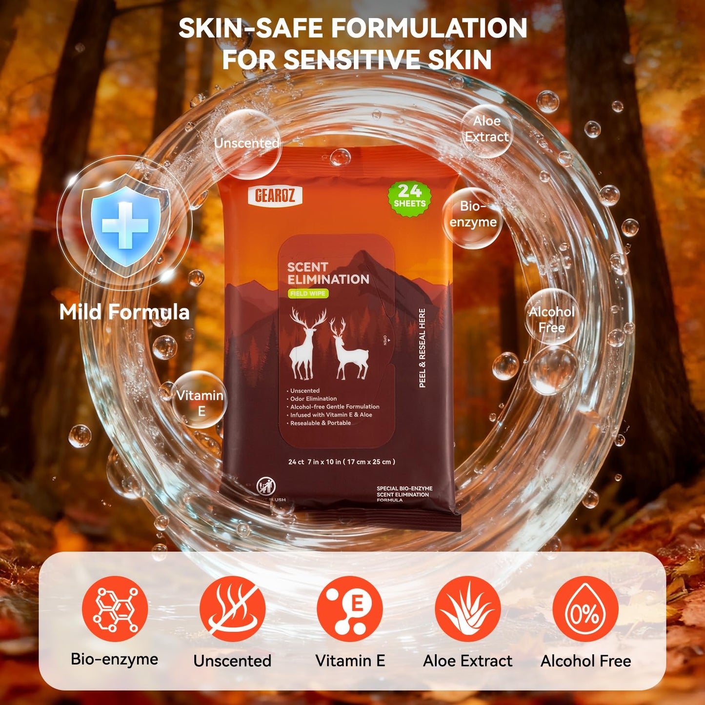 GearOZ Scent Elimination Field Wet Wipe for Hunting, Unscented Moist Field Wipe for Reducing Human Odor/Field Dressing Cleaning, Alcohol-Free (24 Sheet)