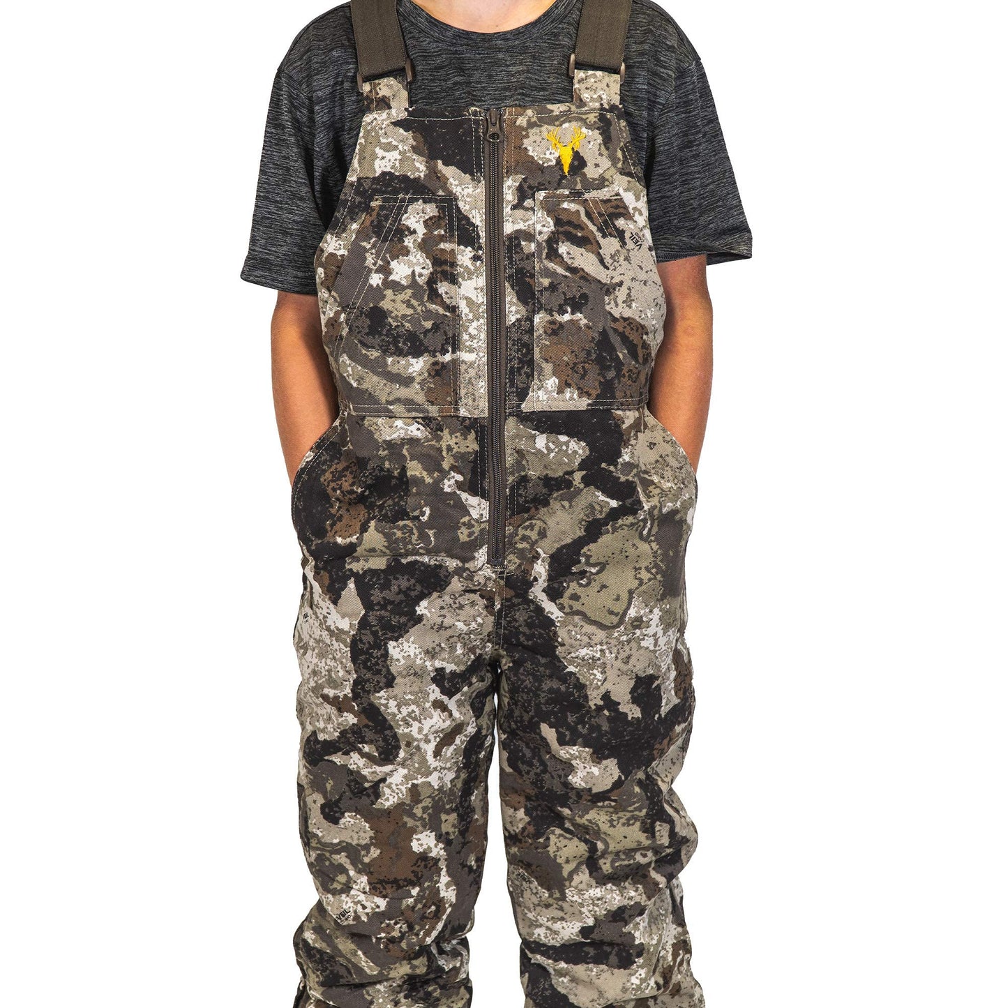 HOT SHOT Youth Insulated Camo Bib, Adjustable Height, Leg Zippers, Veil-Cervidae Camo - Designed for all day comfort, Large