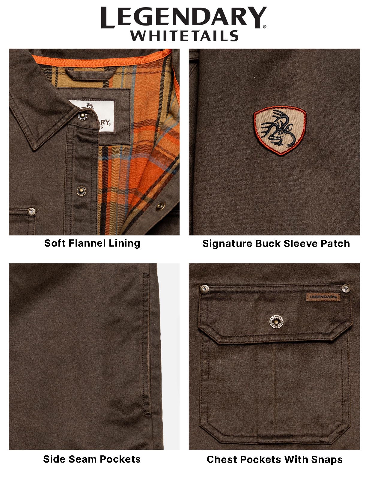 Legendary Whitetails Mens Flannel Lined Shirt Jacket Waxed Cotton Water Resistant, Tobacco, LRG