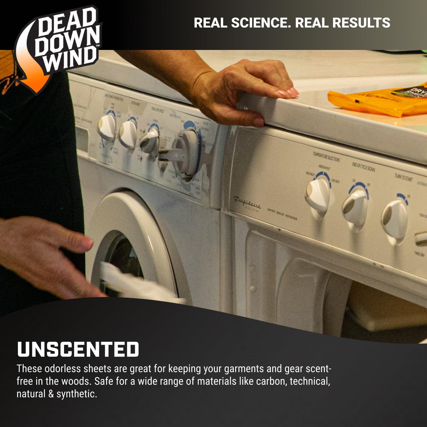 DEAD DOWN WIND Scent Killing Dryer Sheets (30Ct) – Odor Removing Sheet – Durable Hunting Scent Eliminators – Advanced Hunting Laundry Gear
