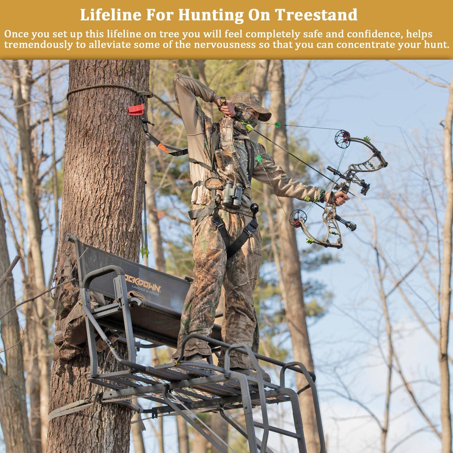 Huntury 3Pcs Treestand Safety Rope, Linemans Ropes for Hunting, Tree Stand Safety Line, Tree Tether Ropes, Life Lines for Tree Stands Hunting(10 feet)