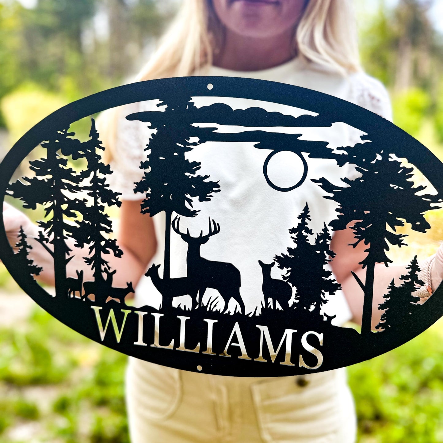 Personalized Oval Deer Metal Cabin Sign | Outdoor Hunting | Deer Hunter Gift | Custom Family Name Sign | Last Name Deer Monogram | Cabin Decor