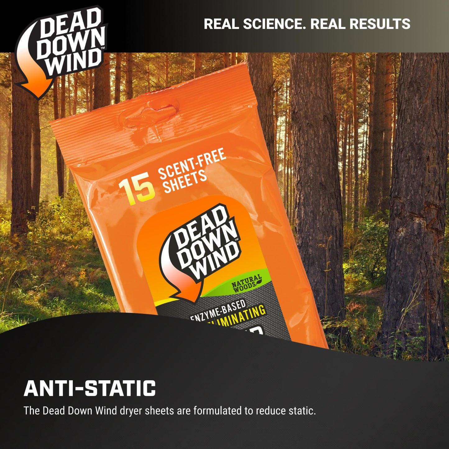 DEAD DOWN WIND Natural Woods Scented Odor Eliminating Dryer Sheets (15Ct) - Hunting Scent Control - Durable Hunting Scent Eliminators - Advanced Hunting Laundry Gear