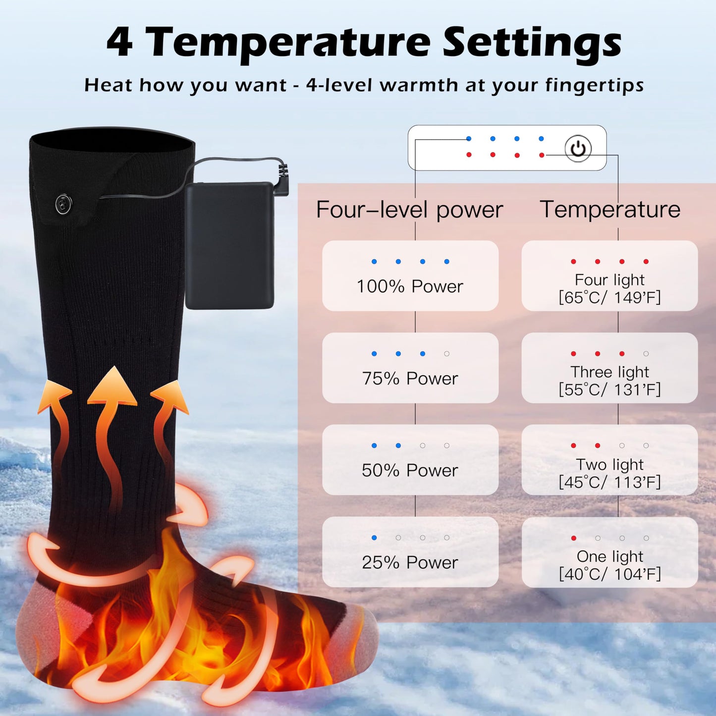 AiQiKang Heated Socks for Men Women Rechargeable Battery Powered Electric Thermal Heating Socks with 4 Heat Settings Foot Warmers for Cold Weather Hunting Hiking Outdoor Winter Work Sports