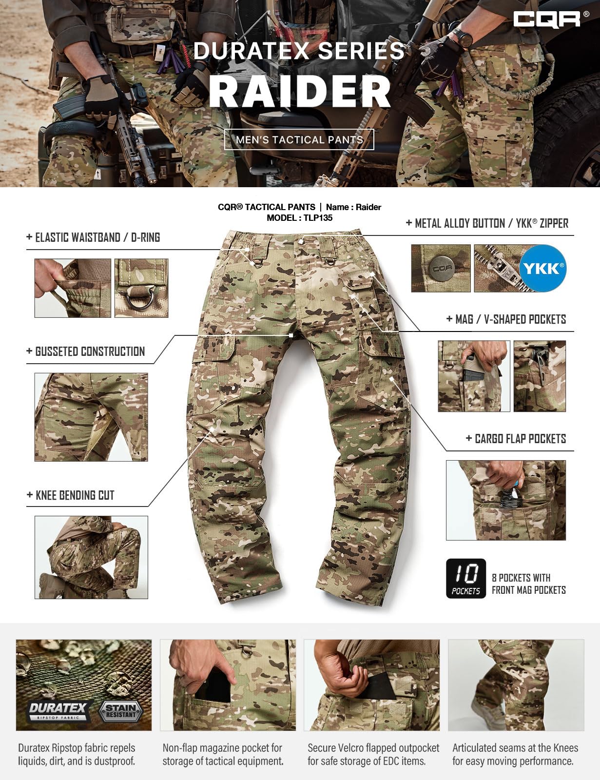 CQR Men's Tactical Pants, Water Resistant Ripstop Cargo Pants, Lightweight EDC Work Hiking Pants, Outdoor Apparel, Duratex Mag Pocket Utility Camo, 32W x 34L