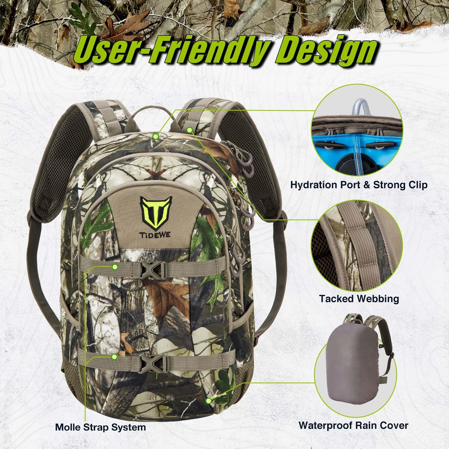 TIDEWE Hunting Backpack with Waterproof Rain Cover, 25L Hunting Pack, Durable Hunting Day Pack for Bow Rifle Gun (Next Camo G2)