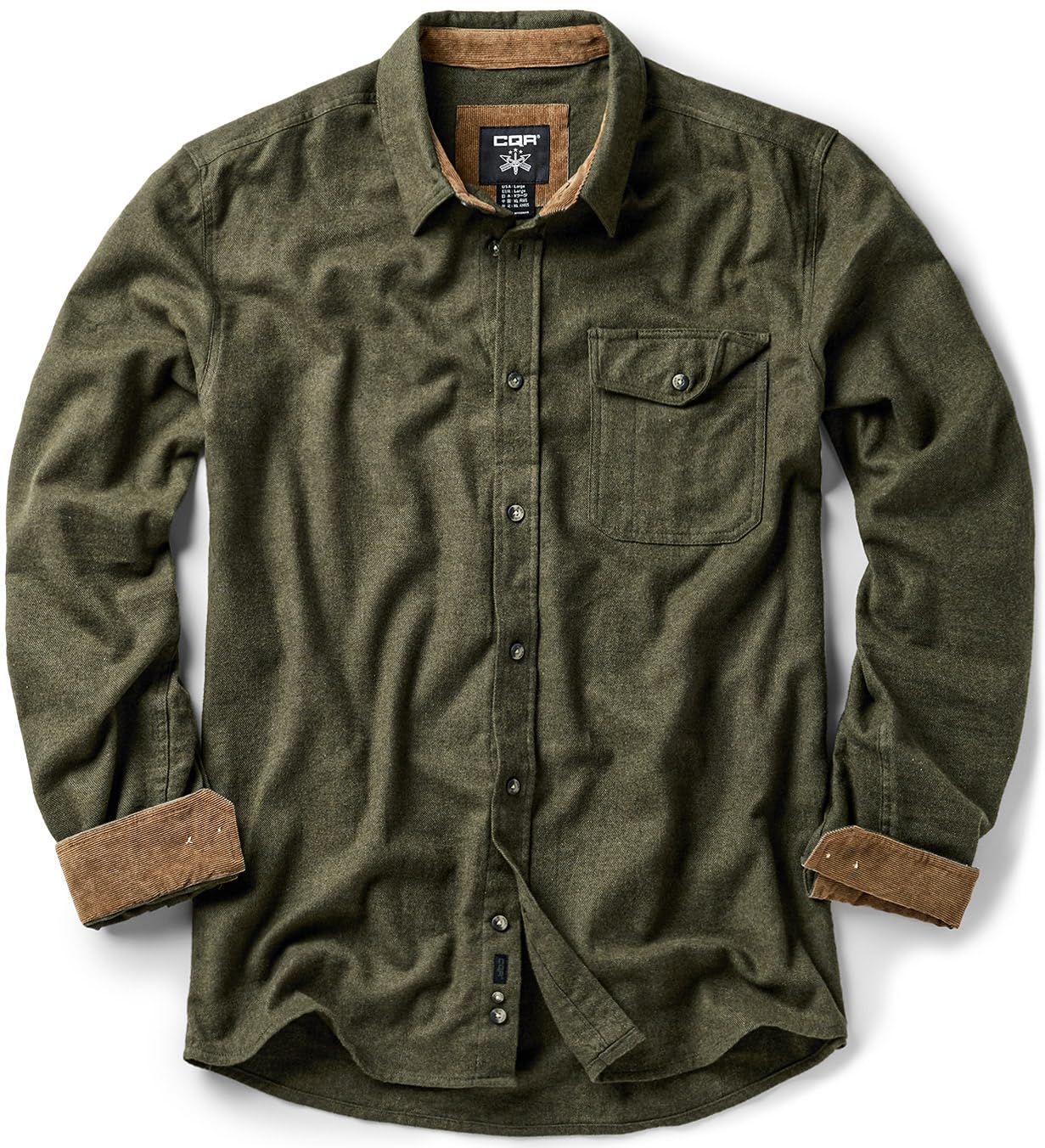 CQR Men's 100% All Cotton Button Down Flannel Shirts, Long Sleeve Brushed Warm Soft Casual Outdoor Plaid Shirt, Corduroy Hunter Green, Large